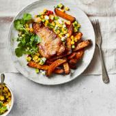 Peri peri pork with sweet potato wedges and sweetcorn salsa