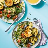 Roast aubergine with tabbouleh and walnut turmeric sauce