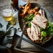 Pilsner pork belly and beer-braised lentils