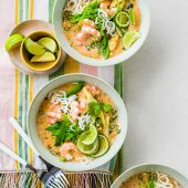 Thai red curry noodle soup with prawns