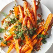 Roast carrot and houmous salad with harissa