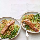 Salt and pepper salmon with spring onion noodles