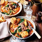 Roots, barley and lamb cawl with cheddar puffs 
