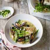 Cod with a spring broth of asparagus, Jersey Royals and mussels