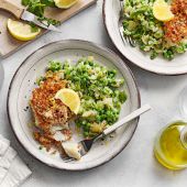 Bacon-crumbed cod with minty crushed potatoes and peas