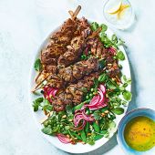 Lamb kebabs with summer pea salad