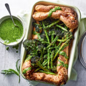 Roasted broccoli and asparagus Yorkshire pudding