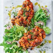 ‘Chorizo’ and black bean loaded sweet potato boats