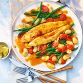 Pan-fried basa with smoky tomato beans