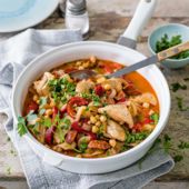 Sherry-braised chicken with chorizo and chickpeas