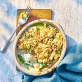 Smoked haddock, asparagus and bean gratin