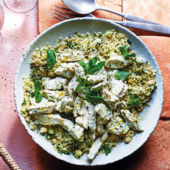 Green couscous with torn tahini chicken 