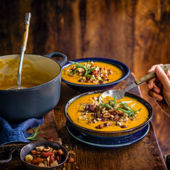 Spiced pumpkin soup with nutty bacon crumble 