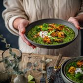 Emerald dhal with golden tofu