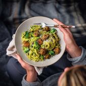 Herby meatballs with broccoli pesto pasta