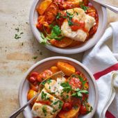 Braised cod patatas bravas
