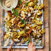 Spiced and roasted cauliflower with herby bulgur wheat and tahini
