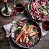 Seared horseradish steak with red wine and rosemary risotto