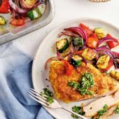 Crispy parmesan pork steaks with roast summer vegetables