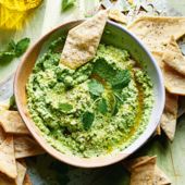 Minty broad bean and pea dip with olive oil crackers