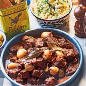 Lamb stifado with feta mash