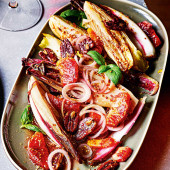Roasted chicory with blood orange and salted pecans