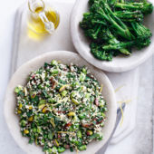 Bulgur, broad beans and dates salad with griddled broccoli