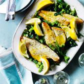 Sea bass with asparagus, broad beans and spinach