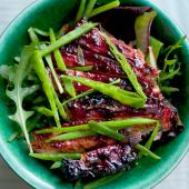 Pork chops, mint, mangetout and spring leaves