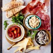Deli-style antipasti platter with speedy homemade garlic flatbreads