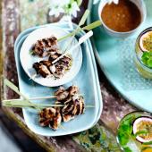 Fragrant chicken skewers with almond dipping sauce