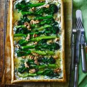 Purple sprouting broccoli blue cheese tart 