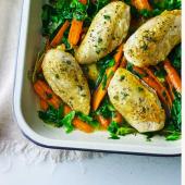 Orange roasted chicken with spring vegetables 