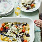 Roasted onions and fennel with feta and olives