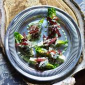 Lettuce wedge and candied bacon salad with green goddess dressing