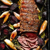 Roast venison haunch with beetroot, shallots and horseradish