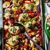 Chicken, chorizo, peppers and potato one-pot roast