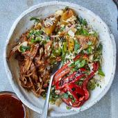 Pineapple and cashew rice salad with hula pork and roast peppers
