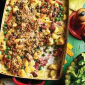 Gnocchi, ham and pea gratin