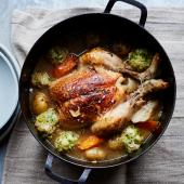 Slow-cooked chook with pea and parsley dumplings