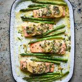 Salmon traybake with lemon butter and asparagus  