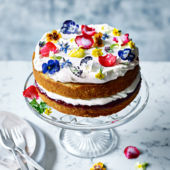 Rose-scented cake with crystallised flowers 