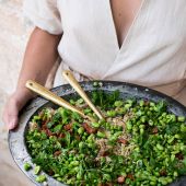 Quinoa salad with pancetta, broad beans and peas