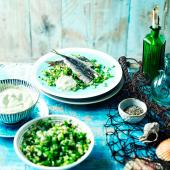 Sardines with cucumber salsa verde salad and garlic mayonnaise