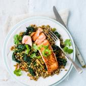 Crispy salmon with freekeh and cavolo nero