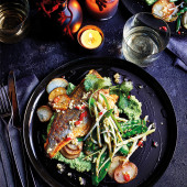 Sea bass with stir-fried greens & broccoli-ginger purée