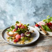Roasted radish & goats’ cheese bruschetta with watercress