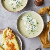 Leek, potato and cider soup with Welsh rarebit croutes