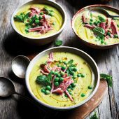 Creamy ham, double-pea and mint soup