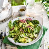 Lettuce, pea, butter bean and preserved lemon salad